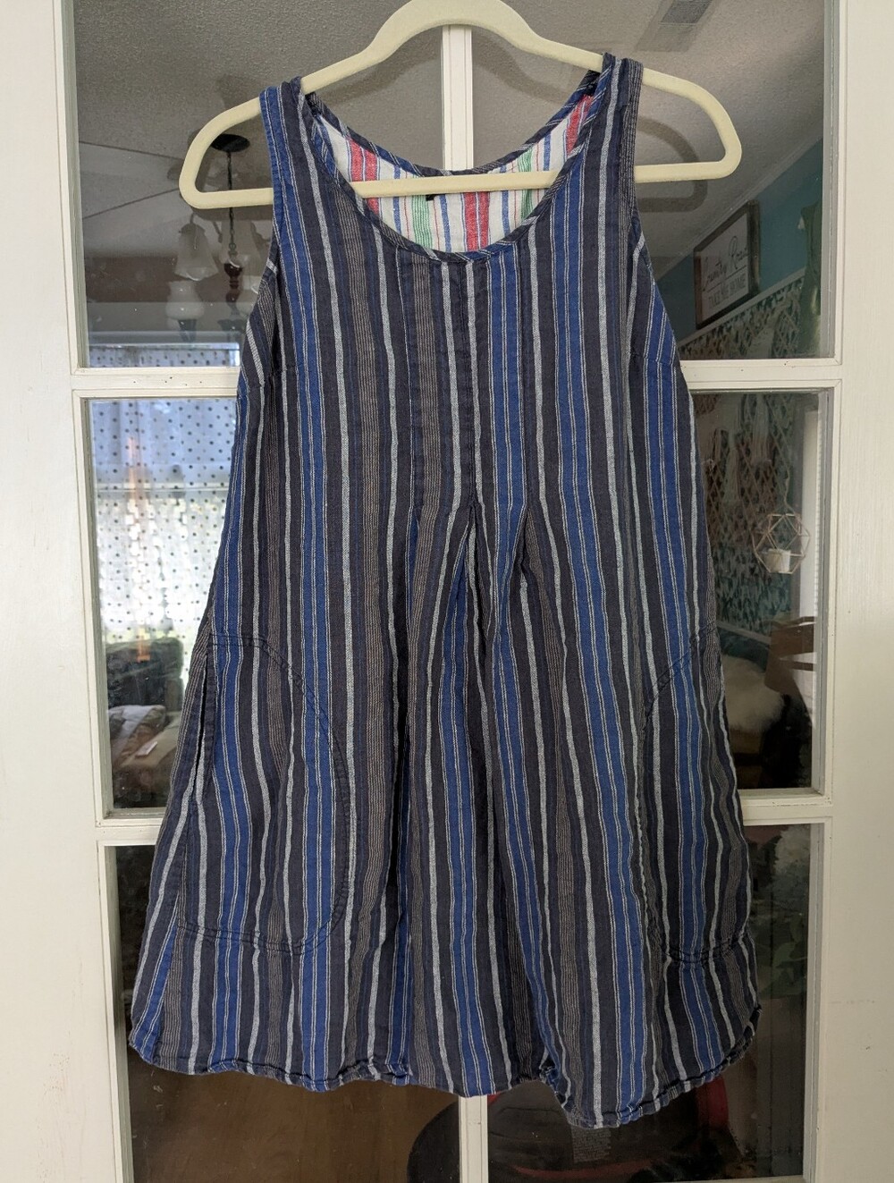 Gudrun Sjoden Linen Striped Pleated Lagenlook Dress Size Small